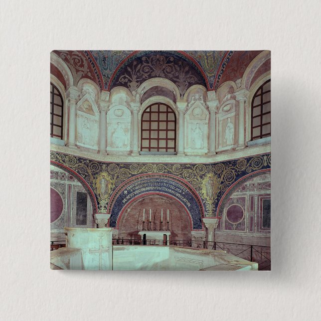 The apse with the baptismal font 15 cm square badge (Front)