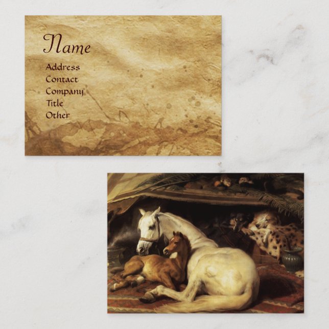 THE ARAB TENT WITH HORSES ,OTHER ANIMALS Parchment Business Card (Front/Back)