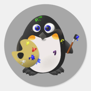 "The Artist" -- Cute Painter Penguin Classic Round Sticker