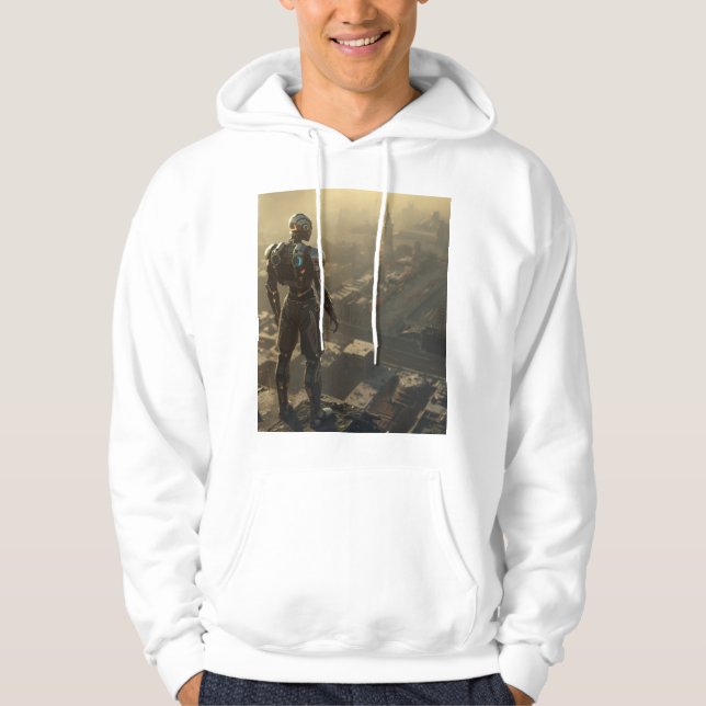 The Ascendant Guardian: Cyberpunk Futuristic Art Hoodie (Front)