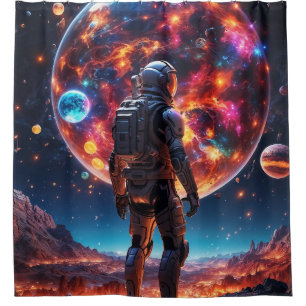 The Astronaut and Colourful Planets Shower Curtain