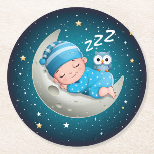 The astronaut and the red rocket in space. round paper coaster