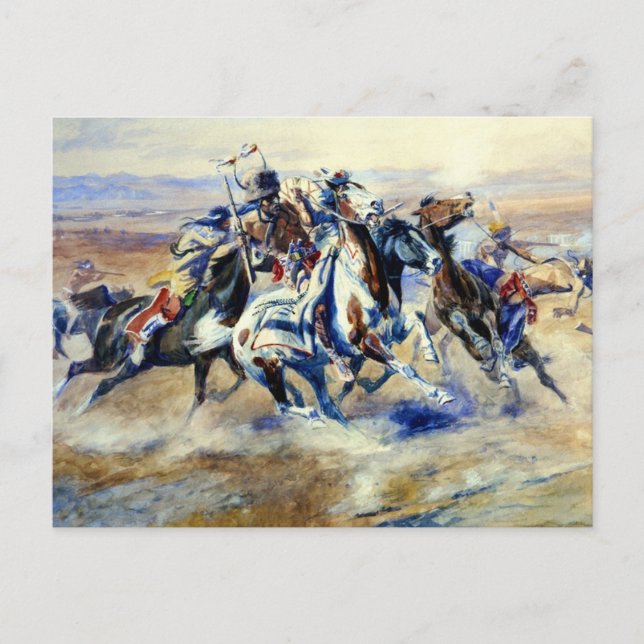 “The Attack” by Charles M Russell Postcard (Front)