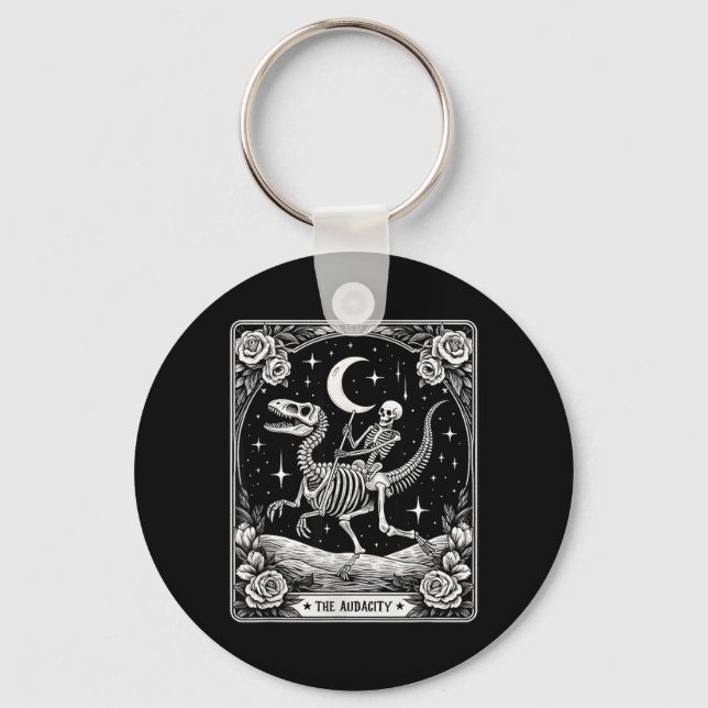 The Audacity Skeleton Riding Dinosaur Tarot Card Key Ring (Front)