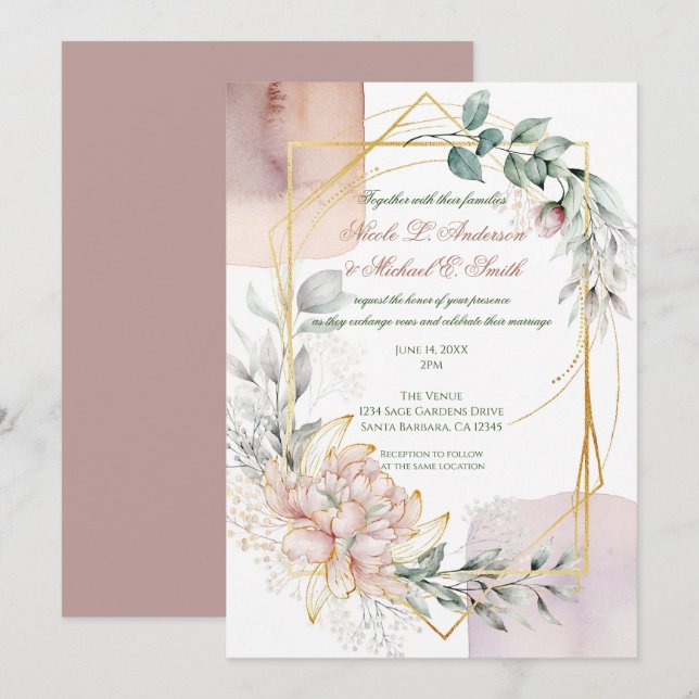 The Aureate Frame Mauve Floral Greenery Wedding  Invitation (Front/Back)