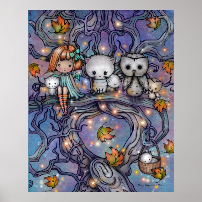 The Autumn Tree - Cats Owls Fairy Art Poster (Front)