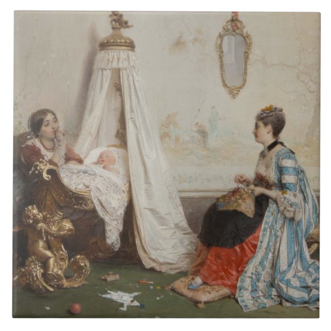 The Baby is Sleeping (by Gerolamo Induno) Ceramic Tile (Front)