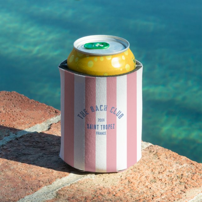 The Bach Club Blue Crest Pink Cabana Stripe Can Cooler (In Situ Pool)