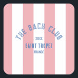 The Bach Club Blue Crest Pink Cabana Stripe Square Sticker<br><div class="desc">The Bach Club paper coasters are perfect for your beach club theme bachelorette party favours. Pink cabana stripes with blue distressed custom bach club crest. Personalise with the details of your bachelorette... year, beach and destination. Perfect for your destination bachelorette or beach club theme bachelorette party favours. Matching accessories available...</div>