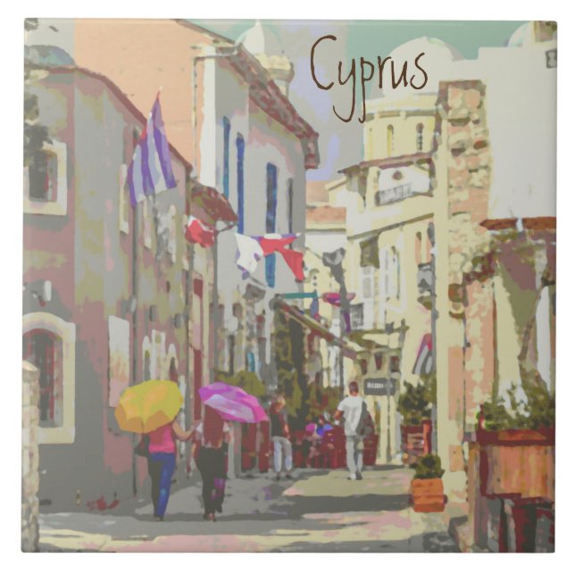 The Back Streets of Cyprus Travel Poster Style Art Ceramic Tile (Front)