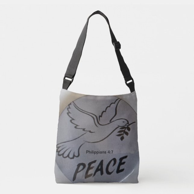 The bag features peace dove and scripture. (Front)
