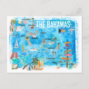 The Bahamas Illustrated Map with Main Roads  Holiday Postcard