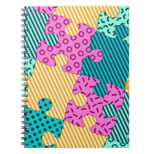 The banner with geometric puzzles, Memphis backgro Notebook