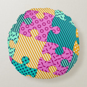 The banner with geometric puzzles, Memphis backgro Round Cushion
