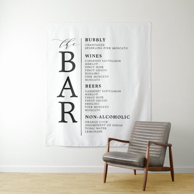 The Bar Black White Classic Wedding Bar Menu Sign Tapestry (In Situ)