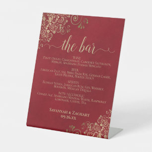The Bar - Crimson Red & Gold Drinks Menu Wedding Pedestal Sign