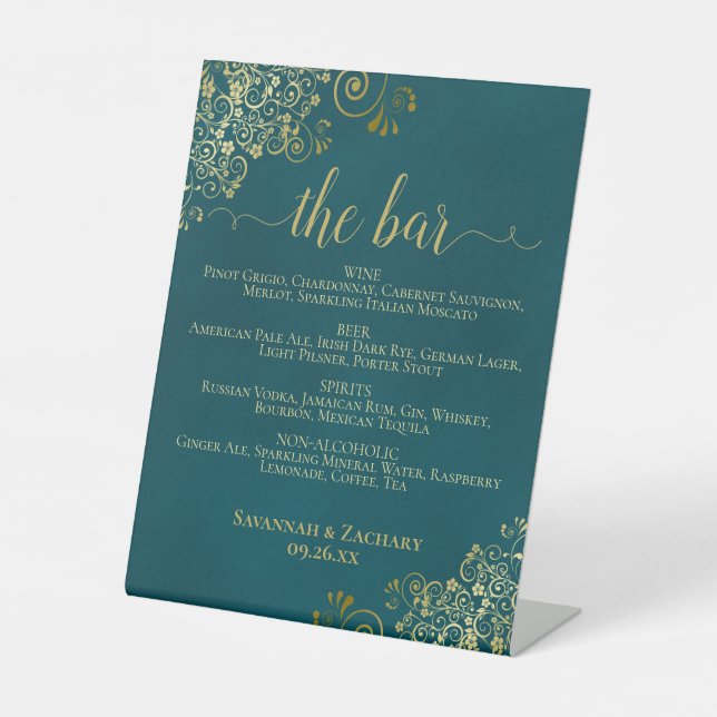 The Bar - Dark Teal & Gold Drinks Menu Wedding Pedestal Sign (Front)