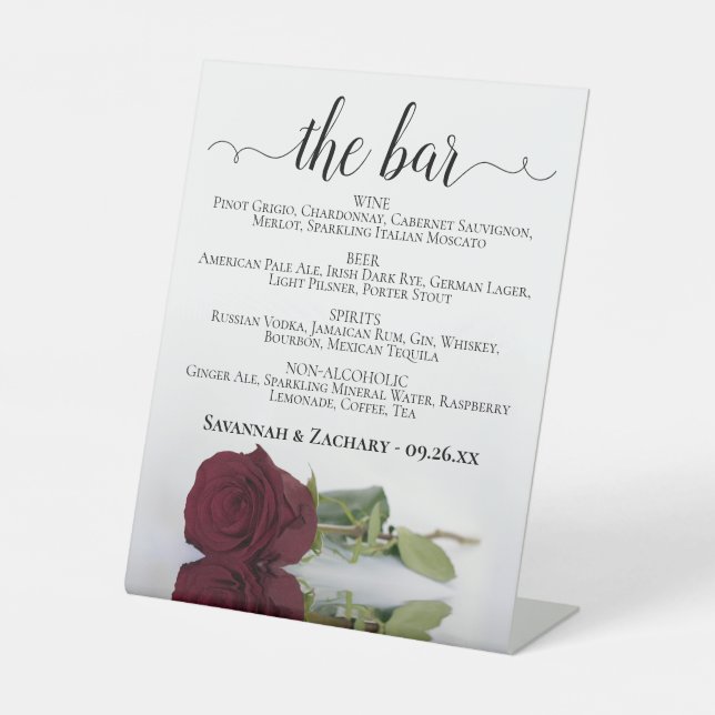 The Bar Elegant Burgundy Rose Drinks Menu Wedding Pedestal Sign (Front)