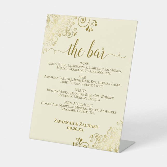The Bar - Elegant Gold & Cream Drinks Menu Wedding Pedestal Sign (Front)