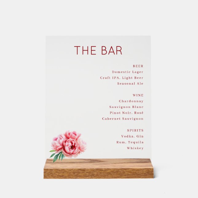 The BAR Elegant Gray Red Peony Minimalist Acrylic Sign (Front)