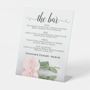 The Bar - Elegant Pink Rose Drinks Menu Wedding Pedestal Sign