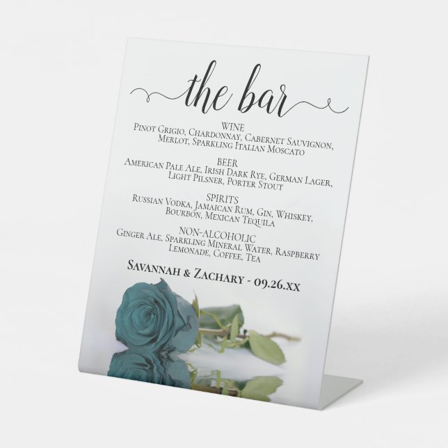 The Bar - Elegant Teal Rose Drinks Menu Wedding Pedestal Sign (Front)