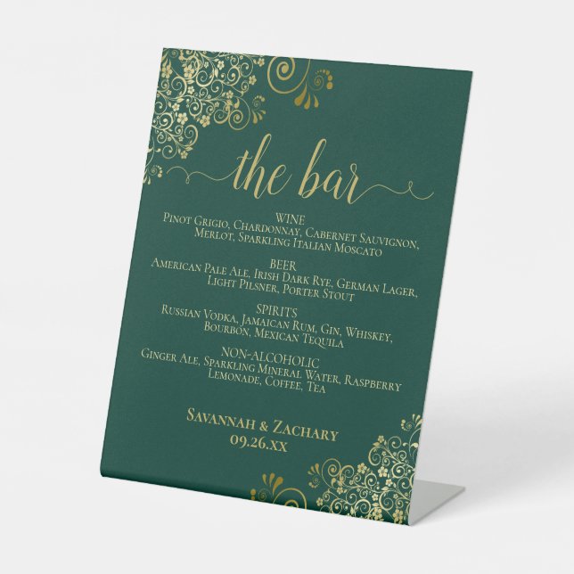 The Bar - Emerald Green & Gold Drinks Menu Wedding Pedestal Sign (Front)