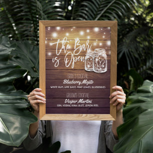 The Bar is Open Drink Menu Mason Jars Wedding Sign