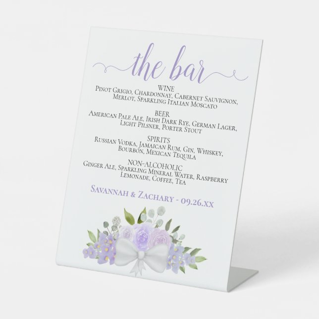 The Bar - Lavender Floral Drinks Menu Wedding Pedestal Sign (Front)