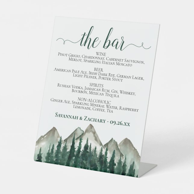 The Bar - Mountains & Pine Drinks Menu Wedding Pedestal Sign (Front)