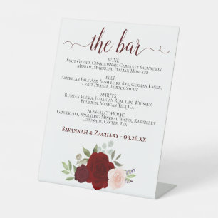 The Bar - Red & Pink Roses Drinks Menu Wedding Pedestal Sign