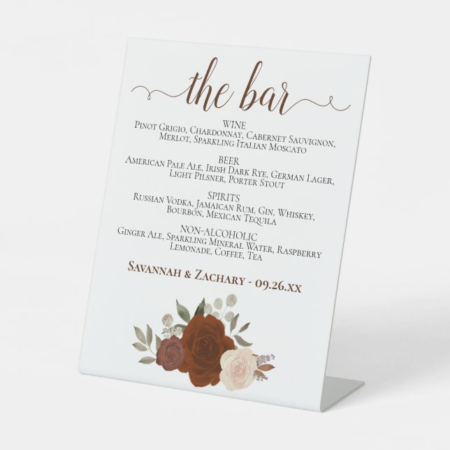 The Bar - Rust Orange Roses Drinks Menu Wedding Pedestal Sign (Front)