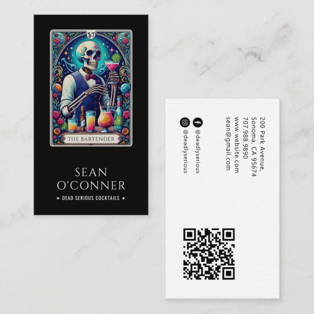 The Bartender Tarot Skeleton QR Code Black Business Card (Front/Back)