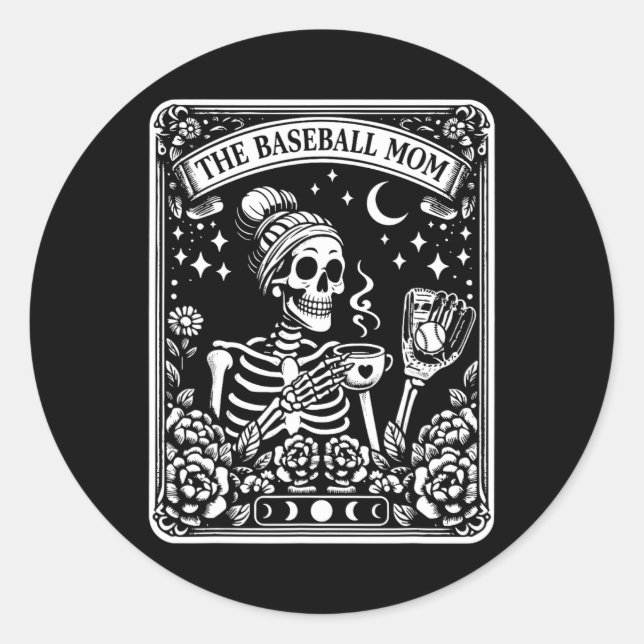 The Baseball Mum Tarot Card Skeleton Coffee Mother Classic Round Sticker (Front)
