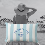 The Beach Club Crest Blue Cabana Stripe Lumbar Cushion<br><div class="desc">The perfect personalised throw pillow for your outdoor space this summer...  Blue cabana stripes with green distressed custom "The Beach Club" crest. Personalise with the year,  beach and destination. Perfect as a memento for a past trip. Matching accessories available in The Beach Club Blue Cabana Stripe Collection.</div>