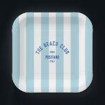 The Beach Club Crest Blue Cabana Stripe Paper Plate<br><div class="desc">The Beach Club square paper plates are perfect for your summer gatherings in the garden, by the pool or at the beach... Blue cabana stripes with distressed custom beach club crest. Personalise with the details of your gathering... year, beach and destination. Perfect for a family or friends beach trip, beach...</div>