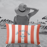 The Beach Club Crest Orange Red Cabana Stripe Lumbar Cushion<br><div class="desc">The perfect personalised throw pillow for your outdoor space this summer...  Orange/red cabana stripes with blue distressed custom "The Beach Club" crest. Personalise with the year,  beach and destination. Perfect as a memento for a past trip. Matching accessories available in The Beach Club Cabana Stripe Collection.</div>