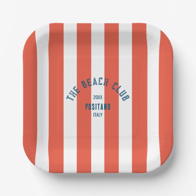 The Beach Club Crest Orange Red Cabana Stripe Paper Plate (Front)