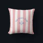 The Beach Club Crest Pink Cabana Stripe Cushion<br><div class="desc">The perfect personalised throw pillow for your outdoor space this summer...  Pink cabana stripes with blue distressed custom "The Beach Club" crest. Personalise with the year,  beach and destination. Perfect as a memento for a past trip. Matching accessories available in The Beach Club Cabana Stripe Collection.</div>