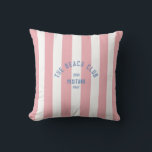 The Beach Club Crest Pink Cabana Stripe Cushion<br><div class="desc">The perfect personalised throw pillow for your outdoor space this summer...  Pink cabana stripes with blue distressed custom "The Beach Club" crest. Personalise with the year,  beach and destination. Perfect as a memento for a past trip. Matching accessories available in The Beach Club Cabana Stripe Collection.</div>