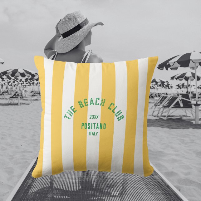 The Beach Club Crest Yellow Cabana Stripe Cushion (Creator Uploaded)