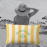 The Beach Club Crest Yellow Cabana Stripe Lumbar Cushion<br><div class="desc">The perfect personalised throw pillow for your outdoor space this summer...  Yellow cabana stripes with green distressed custom "The Beach Club" crest. Personalise with the year,  beach and destination. Perfect as a memento for a past trip. Matching accessories available in The Beach Club Cabana Stripe Collection.</div>