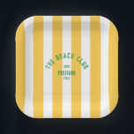 The Beach Club Crest Yellow Cabana Stripe Paper Plate<br><div class="desc">The Beach Club square paper plates are perfect for your summer gatherings in the garden, by the pool or at the beach... Yellow cabana stripes with green distressed custom beach club crest. Personalise with the details of your gathering... year, beach and destination. Perfect for a family or friends beach trip,...</div>