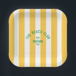 The Beach Club Crest Yellow Cabana Stripe Paper Plate<br><div class="desc">The Beach Club square paper plates are perfect for your summer gatherings in the garden, by the pool or at the beach... Yellow cabana stripes with green distressed custom beach club crest. Personalise with the details of your gathering... year, beach and destination. Perfect for a family or friends beach trip,...</div>