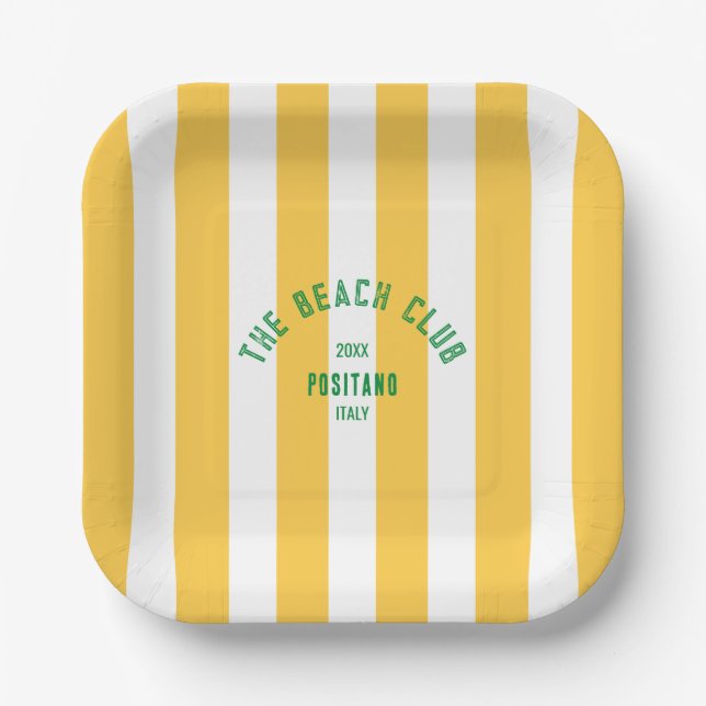 The Beach Club Crest Yellow Cabana Stripe Paper Plate (Front)