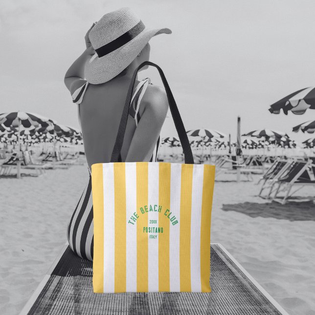 The Beach Club Crest Yellow Cabana Stripe Tote Bag (Creator Uploaded)