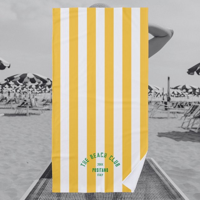 The Beach Club Green Crest Yellow Cabana Stripe  Beach Towel (Creator Uploaded)