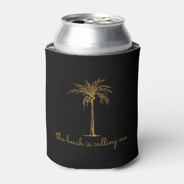 The Beach is Calling Me Golden Coconut Palm Tree Can Cooler (Can Front)