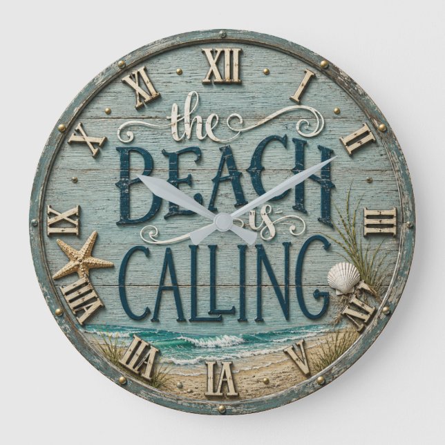 The Beach Is Calling Rustic Beach House Ocean  Large Clock (Front)