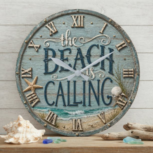 The Beach Is Calling Rustic Beach House Ocean Large Clock
